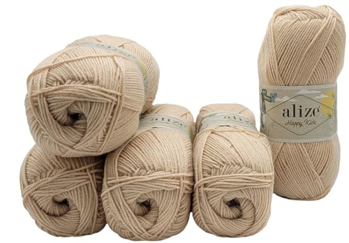 5 x 100g Alize Happy Kids Strickgarn mit Wolle und Bambus, 500 Gramm Strickwolle einfarbig, Bambuswolle uni (nude 743) von Ilkadim Export