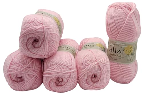 5 x 100g Alize Happy Kids Strickgarn mit Wolle und Bambus, 500 Gramm Strickwolle einfarbig, Bambuswolle uni (rosa 185) von Ilkadim Export