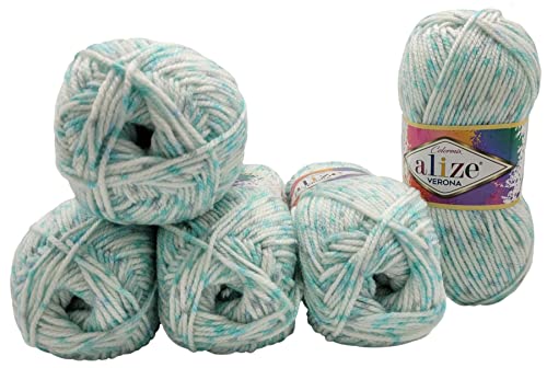 5 x 100g Babywolle Alize Verona Batik mehrfarbig, 500 Gramm Acryl - Wolle bunt, colormix (mint weiss türkis grau 7710) von Ilkadim Export