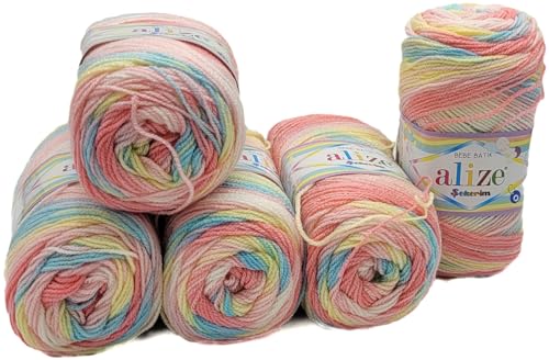 5 x 100g Babywolle Ilkadim Export Sekerim Bebe Batik Mehrfarbig, 500 Gramm Wolle Acryl Strickgarn (blau gelb rosa weiss 3045) von Ilkadim Export