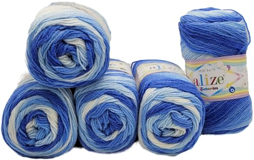 5 x 100g Babywolle Ilkadim Export Sekerim Bebe Batik Mehrfarbig, 500 Gramm Wolle Acryl Strickgarn (blau weiss 3481) von Ilkadim Export