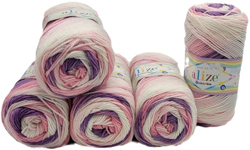 5 x 100g Babywolle Ilkadim Export Sekerim Bebe Batik Mehrfarbig, 500 Gramm Wolle Acryl Strickgarn (lila rosa weiss 2135) von Ilkadim Export