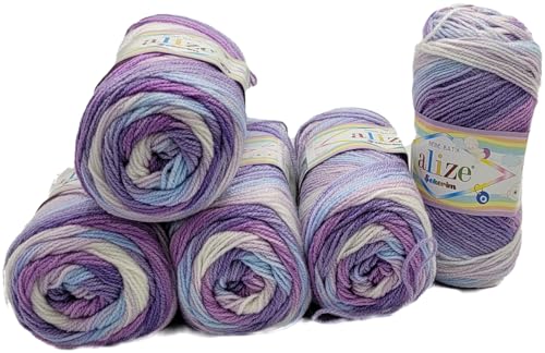 5 x 100g Babywolle Ilkadim Export Sekerim Bebe Batik Mehrfarbig, 500 Gramm Wolle Acryl Strickgarn (lila rosa weiss 3483) von Ilkadim Export