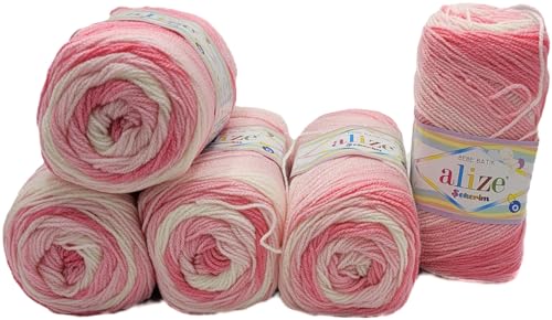 5 x 100g Babywolle Ilkadim Export Sekerim Bebe Batik Mehrfarbig, 500 Gramm Wolle Acryl Strickgarn (rosa weiss 2126) von Ilkadim Export