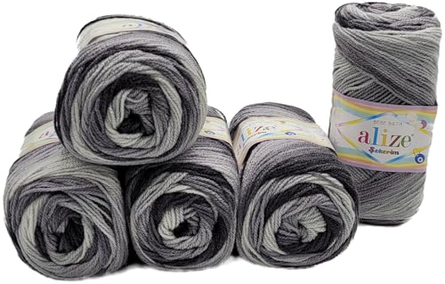 5 x 100g Babywolle Ilkadim Export Sekerim Bebe Batik Mehrfarbig, 500 Gramm Wolle Acryl Strickgarn (schwarz grau weiss 2881) von Ilkadim Export