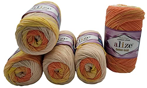 5 x 100g Strickwolle Ilkadim Export Cotton gold mit 55% Baumwolle, 500 Gramm Wolle mit Farbverlauf mehrfarbig (lachs ocker orange) von Ilkadim Export