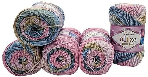 5 x 100g Strickwolle Alize Cotton gold mit 55% Baumwolle, 500 Gramm Wolle mit Farbverlauf mehrfarbig (rosa petrol oliv ua 2970) von Ilkadim Export