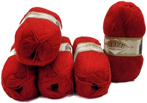 500 Gramm Ilkadim Export Strickwolle Angora gold mit 20% Wolle, 5 x 100 Gramm Strickgarn einfarbig (rot 106) von Ilkadim Export