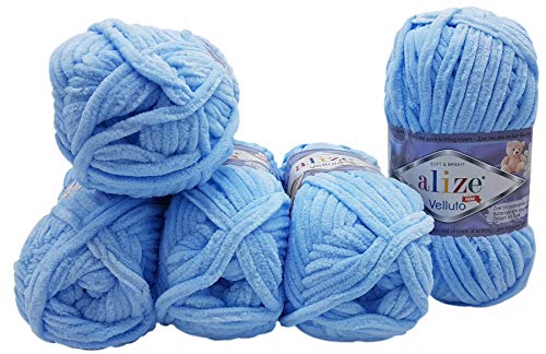 500 Gramm Ilkadim Export Velluto Strickwolle, Babywolle, 5 x 100 Gramm Wolle Super soft Bulky (blau 218) von Ilkadim Export