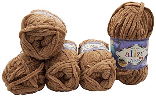 500 Gramm Ilkadim Export Velluto Strickwolle, Babywolle, 5 x 100 Gramm Wolle Super soft Bulky (braun 329) von Ilkadim Export