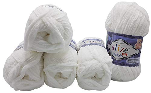 500 Gramm Ilkadim Export Velluto Strickwolle, Babywolle, 5 x 100 Gramm Wolle Super soft Bulky (weiss 55) von Ilkadim Export