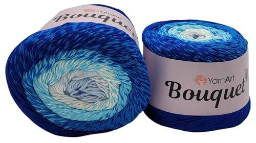 500 Gramm YarnArt Bouquet Bobbel Wolle Farbverlauf, 100% Baumwolle, Bobble Strickwolle Mehrfarbig (blau türkis weiss p 718) von Ilkadim Export