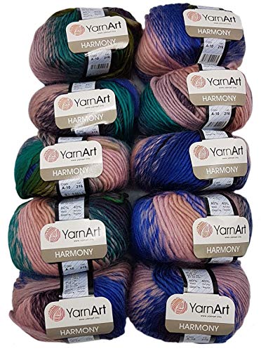 500 g Ilkadim Export Harmony Strickwolle mit 60% Wolle-Anteil, 10 x 50 Gramm Strickgarn mehrfarbig mit Farbverlauf (rosa blau grün A10) von Ilkadim Export