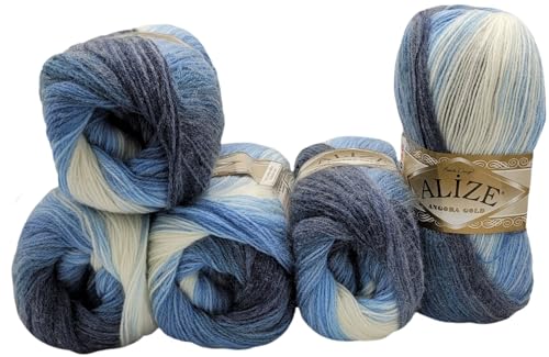 500 g Strickwolle Ilkadim Export Angora gold mehrfarbig mit Farbverlauf, 5 x 100 Gramm Strickgarn mit 20% Wolle-Anteil (dunkelblau blau weiss 1899) von Ilkadim Export