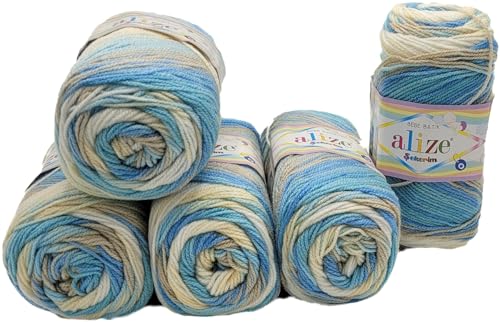 Ilkadim Export Sekerim Batik 5 x 100g Babywolle Bebe Batik Mehrfarbig, 500 Gramm Wolle zum Stricken und Häkeln (blau beige weiss 4398) von Ilkadim Export