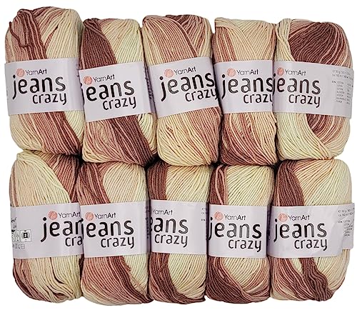 10 x 50g Strickwolle YarnArt Jeans Crazy mit 55% Baumwolle, 500 Gramm Wolle mit Farbverlauf mehrfarbig (braun beige 8201) von Ilkadim