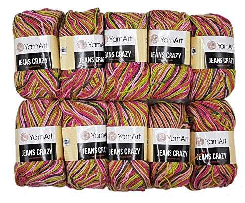 10 x 50g Strickwolle YarnArt Jeans Crazy mit 55% Baumwolle, 500 Gramm Wolle mit Farbverlauf mehrfarbig (rosa grün 7206) von Ilkadim