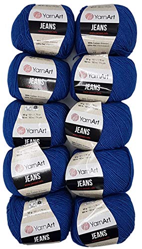 10 x 50g Strickwolle YarnArt Jeans einfarbig mit 55% Baumwolle, 500 Gramm Wolle uni (blau 17) von Ilkadim