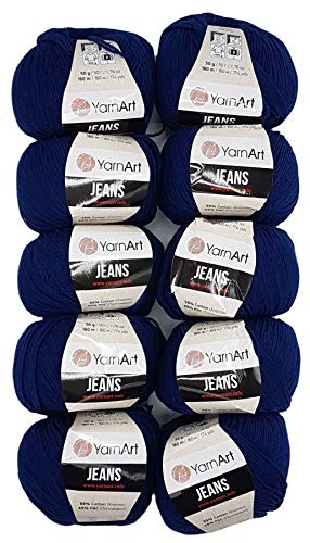 10 x 50g Strickwolle YarnArt Jeans einfarbig mit 55% Baumwolle, 500 Gramm Wolle uni (blau 54) von Ilkadim