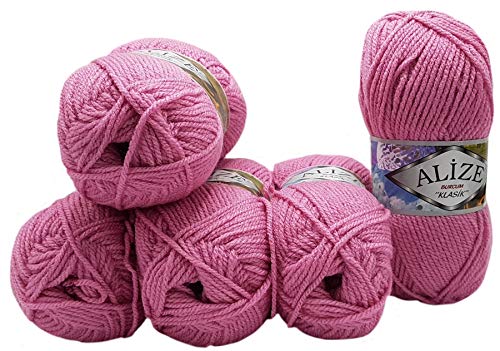 5 x 100 Gramm Alize Burcum Klasik Wolle einfarbig, 500 Gramm Strickwolle uni (rosa 178) von Ilkadim