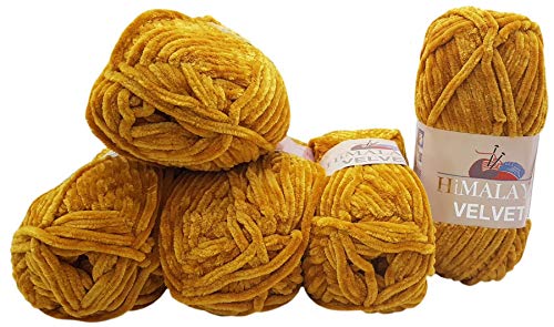 5 x 100 Gramm Himalaya Velvet Micro-Polyester Strickwolle, Babywolle samtig 500 Gramm Wolle (gold 90030) von Ilkadim