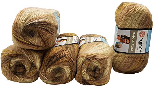 5 x 100 g Ilkadim Export Angora Active Strickwolle mehrfarbig mit Farbverlauf, 500 Gramm Strickgarn mit 25% Mohair Wolle-Anteil (braun beige ocker 843) von Ilkadim