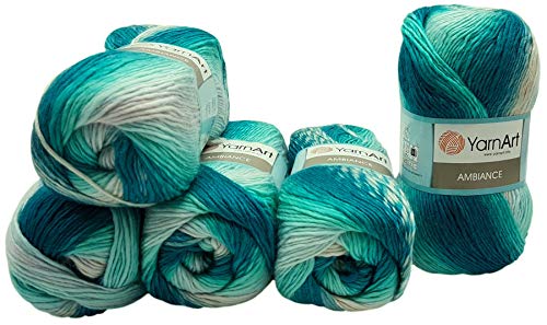 5 x 100 g YarnArt Ambiance Strickwolle mehrfarbig mit Farbverlauf, 500 Gramm Strickgarn mit 20% Wolle-Anteil (dunkelgrün türkis weiß 155) von Ilkadim