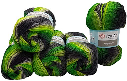 5 x 100 g YarnArt Ambiance Strickwolle mehrfarbig mit Farbverlauf, 500 Gramm Strickgarn mit 20% Wolle-Anteil (grau grün kiwi 156) von Ilkadim