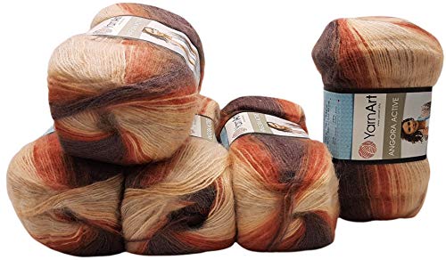 5 x 100 g Ilkadim Export Angora Active Strickwolle mehrfarbig mit Farbverlauf, 500 Gramm Strickgarn mit 25% Mohair Wolle-Anteil (braun apricot creme 851) von Ilkadim