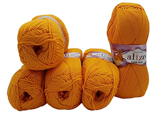 Ilkadim - 5 x 100g Strickwolle Alize Cotton gold orange 83 mit 55% Baumwolle, 500 Gramm Wolle einfarbig von Ilkadim