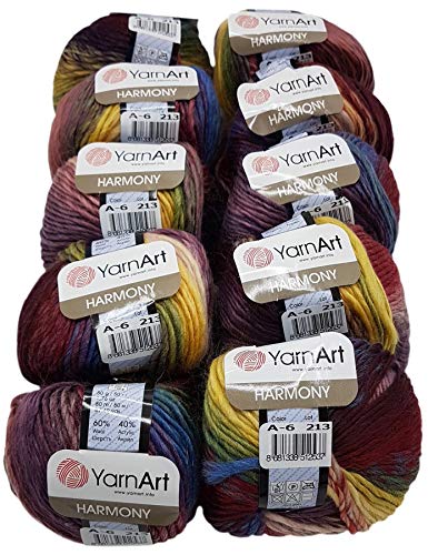 Ilkadim 10 x 50 g YarnArt Harmony Strickwolle Mehrfarbig mit Farbverlauf, 500 Gramm Strickgarn mit 60% Wolle-Anteil (Beere lila blau u.a. a6) von Ilkadim