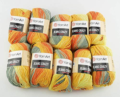 Ilkadim 10 x 50g Strickwolle YarnArt Jeans Crazy mit 55% Baumwolle, 500 Gramm Wolle mit Farbverlauf mehrfarbig (terrakotta gelb grau 8210) von Ilkadim