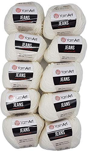 Ilkadim 10 x 50g Strickwolle YarnArt Jeans einfarbig mit 55% Baumwolle, 500 Gramm Wolle Uni (Creme 01) von Ilkadim