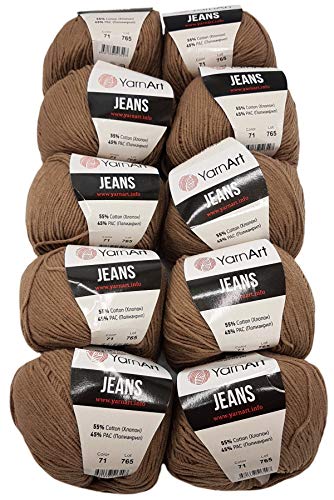 Ilkadim 10 x 50g Strickwolle YarnArt Jeans einfarbig mit 55% Baumwolle, 500 Gramm Wolle Uni (braun 71) von Ilkadim