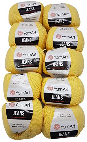 Ilkadim 10 x 50g Strickwolle YarnArt Jeans einfarbig mit 55% Baumwolle, 500 Gramm Wolle Uni (gelb 88) von Ilkadim