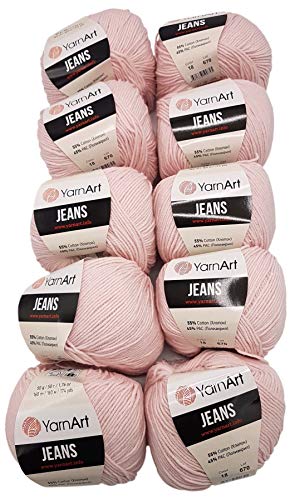 Ilkadim 10 x 50g Strickwolle YarnArt Jeans einfarbig mit 55% Baumwolle, 500 Gramm Wolle Uni (rosa 18) von Ilkadim