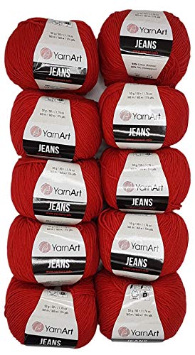 Ilkadim 10 x 50g Strickwolle YarnArt Jeans einfarbig mit 55% Baumwolle, 500 Gramm Wolle Uni (rot 90) von Ilkadim