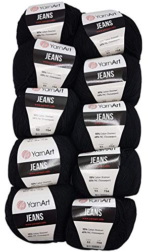 Ilkadim 10 x 50g Strickwolle YarnArt Jeans einfarbig mit 55% Baumwolle, 500 Gramm Wolle Uni (schwarz 53) von Ilkadim