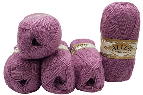 Ilkadim 5 x 100 g Alize Strickwolle Angora Gold mit 20% Wolle, 500 Gramm Strickgarn einfarbig (hell lila 28) von Ilkadim