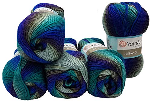 Ilkadim 5 x 100 g YarnArt Ambiance Strickwolle Mehrfarbig mit Farbverlauf, 500 Gramm Strickgarn mit 20% Wolle-Anteil (grau blau grün 158) von Ilkadim