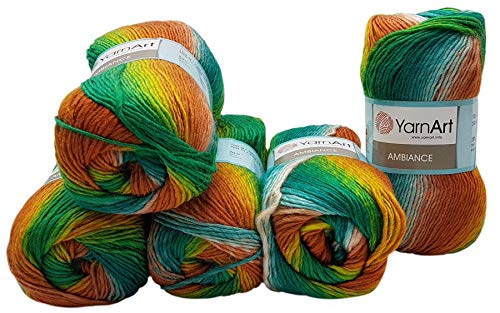 Ilkadim 5 x 100 g YarnArt Ambiance Strickwolle Mehrfarbig mit Farbverlauf, 500 Gramm Strickgarn mit 20% Wolle-Anteil (grün terrakotta türkis 152) von Ilkadim