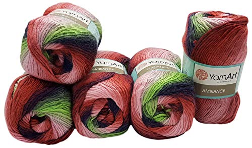 Ilkadim 5 x 100 g YarnArt Ambiance Strickwolle Mehrfarbig mit Farbverlauf, 500 Gramm Strickgarn mit 20% Wolle-Anteil (lila rot rosa Mint 150) von Ilkadim