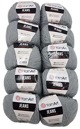 Ilkadim 10 x 50g Strickwolle YarnArt Jeans einfarbig mit 55% Baumwolle, 500 Gramm Wolle Uni (grau 46) von Ilkadim