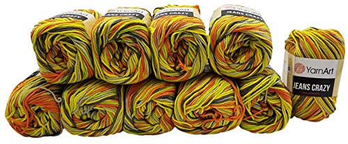 Ilkadim YarnArt Jeans Crazy Strickwollknäuel,10er-Packung, 50 g, aus 55% Baumwolle, 500 g Wolle mit mehrfarbigem Farbverlauf (Terrakotta, Gelb, Kiwi, Grau 7201) von Ilkadim