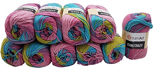 YarnArt Jeans Crazy Strickwollknäuel,10er-Packung, 50 g, aus 55% Baumwolle, 500 g Wolle mit mehrfarbigem Farbverlauf (Blau, Kiwi, Rosa, Flieder 8211) von Ilkadim