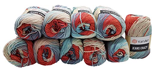 YarnArt Jeans Crazy Strickwollknäuel,10er-Packung, 50 g, aus 55 % Baumwolle, 500 g Wolle mit mehrfarbigem Farbverlauf (Blau, Rot, Rosa, Flieder, Altweiß 8205) von Ilkadim