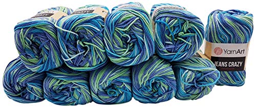 YarnArt Jeans Crazy Strickwollknäuel,10er-Packung, 50 g, aus 55% Baumwolle, 500 g Wolle mit mehrfarbigem Farbverlauf (Blau, Türkis, Kiwi 7204) von Ilkadim