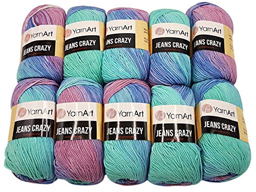 YarnArt Jeans Crazy Strickwollknäuel,10er-Packung, 50 g, aus 55% Baumwolle, 500 g Wolle mit mehrfarbigem Farbverlauf (Lila, Flieder, Mint 8203) von Ilkadim