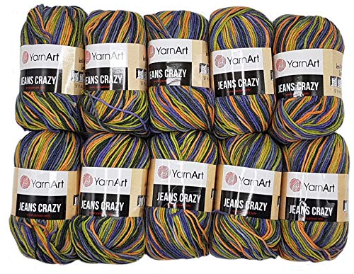 YarnArt Jeans Crazy Strickwollknäuel,10er-Packung, 50 g, aus 55% Baumwolle, 500 g Wolle mit mehrfarbigem Farbverlauf (Lila, Grün, Ocker 8213) von Ilkadim