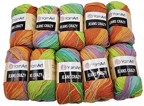 YarnArt Jeans Crazy Strickwollknäuel,10er-Packung, 50 g, aus 55% Baumwolle, 500 g Wolle mit mehrfarbigem Farbverlauf (Terrakotta, Grün, Türkis usw. 8202) von Ilkadim